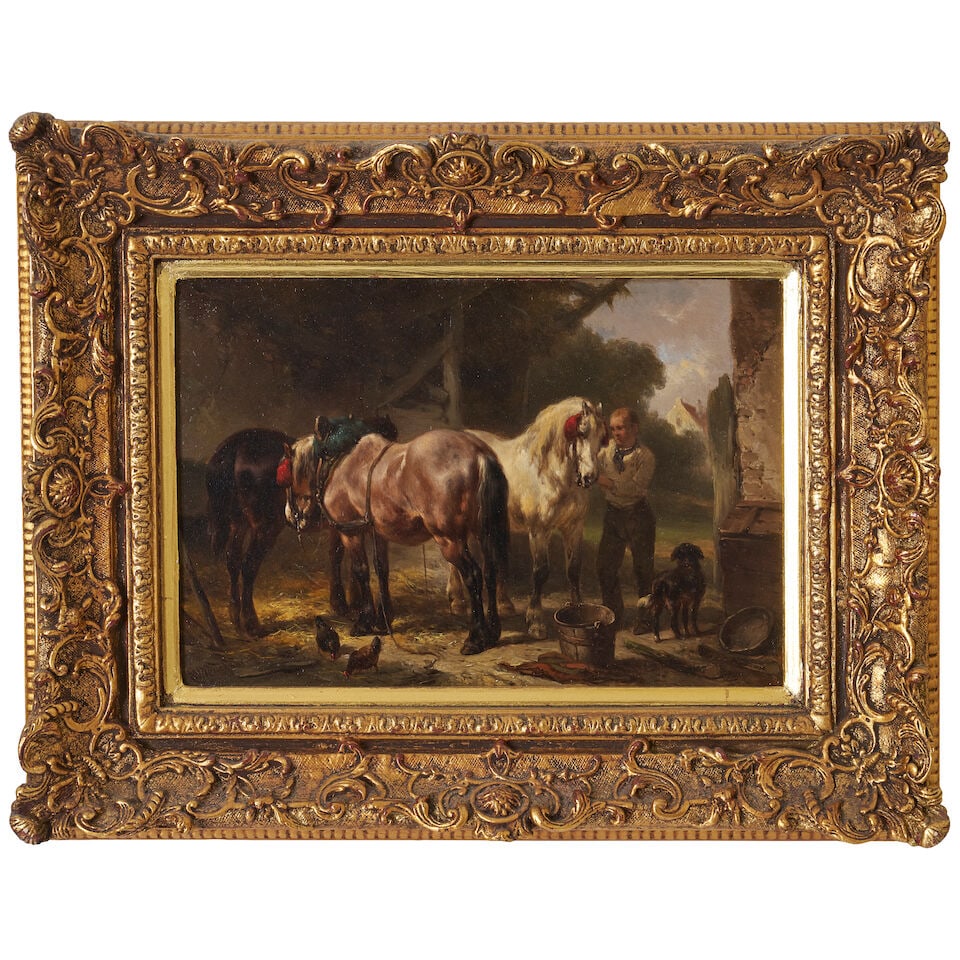 Wouter Verschuur (Dutch, 1812-1874) Stable boy taking up a plough team: Wouter Verschuur (Dutch, 1812-1874) Stable boy taking up a plough team signed lower left: WVerschuur oil on panel 16.5 x 24.0cm (6 1/2 x 9 7/16in). Footnotes: Provenance Richard Green Fine Paintings,