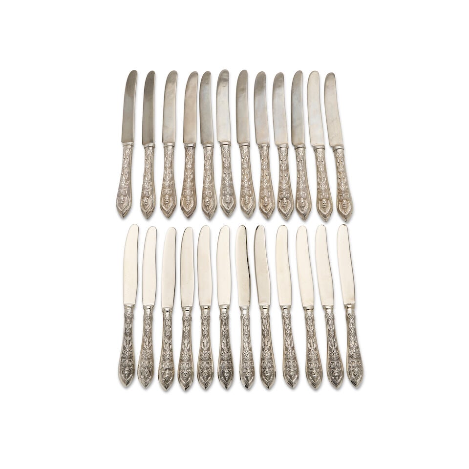 Two sets of Thai sterling silver knives (24): Two sets of Thai sterling silver knives marked Thailand, including a set of 12 large dinner knives and 12 luncheon/butter knives, purity .925 (24). For further information on this lot please visit