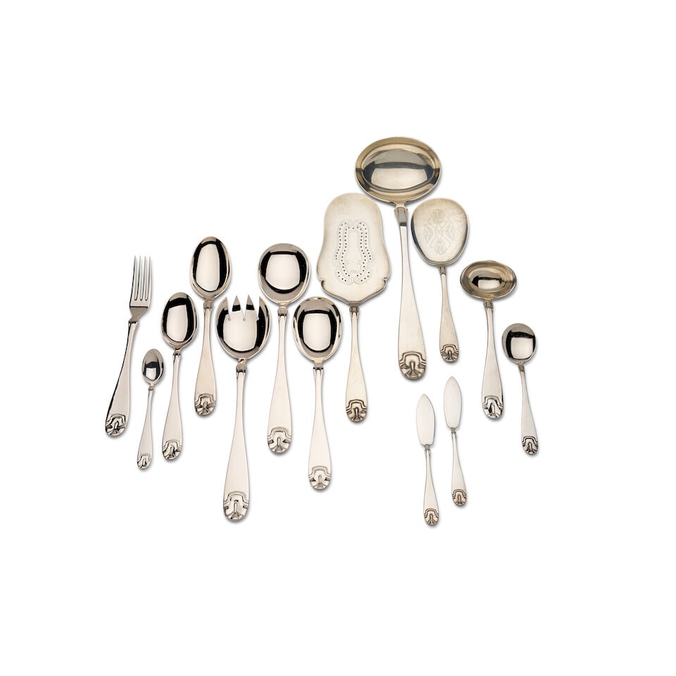 A 68 piece Norwegian sterling silver flatware service (68): A 68 piece Norwegian sterling silver flatware service marks of J. Tostrup 1880, purity .830, weight total 3193 grams (68). For further information on this lot please visit Bonhams.com For further