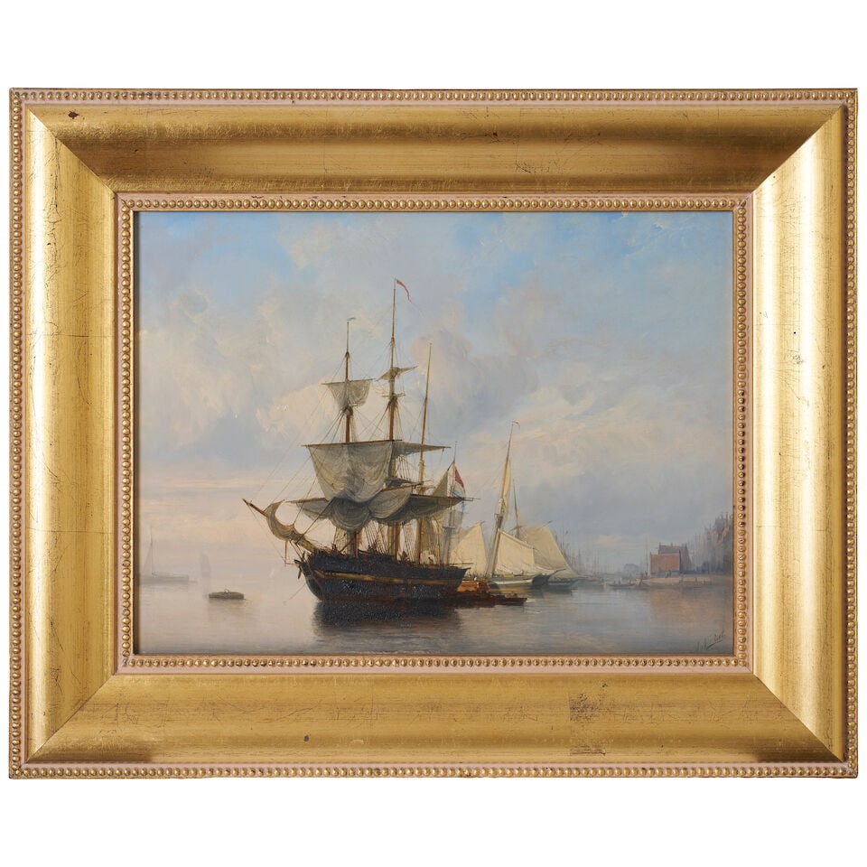 Johan Adolph Rust (Dutch, 1828-1915) Shipping offshore in a calm sea: Johan Adolph Rust (Dutch, 1828-1915) Shipping offshore in a calm sea signed lower right: J Rust oil on panel 29.0 x 40.0cm (11 7/16 x 15 3/4in). Footnotes: Provenance Richard Green Fine Paintings, Lon