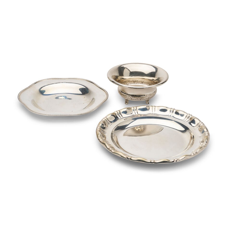 Two Scandinavian sterling silver platters and a footed bowl: Two Scandinavian sterling silver platters and a footed bowl the circular platter with marks of Thune, engraved ER 11-4-1930 to base, the shaped-rim platter with marks of J. Tostrup, dated 1964, the fo