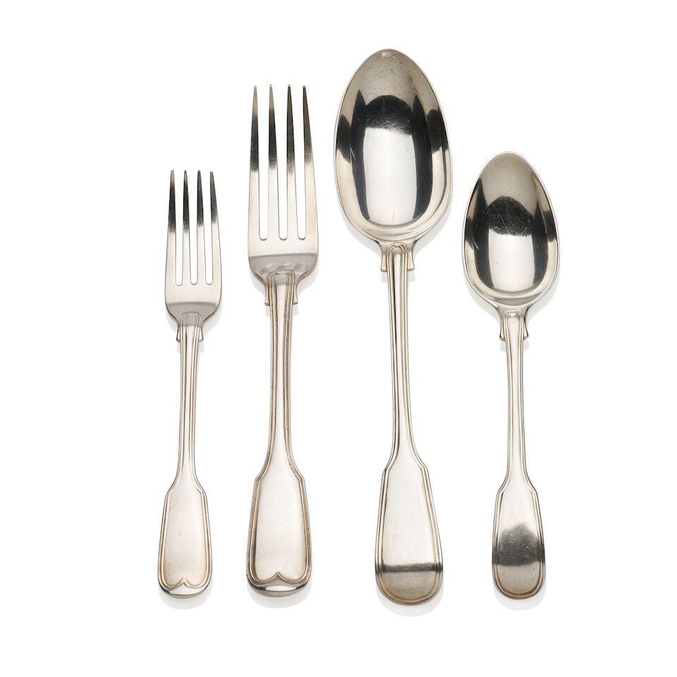 A collection of fiddle and thread cutlery (31): A collection of fiddle and thread cutlery various makers and dates Comprising seven dessert; eight each table forks, dessert and table spoons. •Dessert forks George Adams, London 1855 (3),