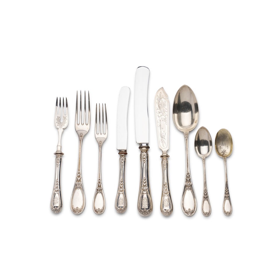 An extensive German 800 standard silver twenty-four place flatware service Marks of Lazarus Pose...: An extensive German 800 standard silver twenty-four place flatware service Marks of Lazarus Posen, Frankfurt am Main, Germany, circa 1900-1910 the handle of each piece with scrolling leaf and foliate