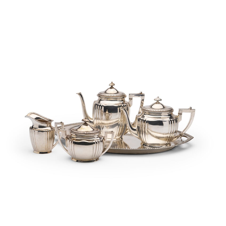 A German 800 standard silver five-piece tea and coffee service Marks of Lazarus Posen, Frankfurt...: A German 800 standard silver five-piece tea and coffee service Marks of Lazarus Posen, Frankfurt am Main, Germany circa 1900, the half-reed and fluted design comprising a teapot, coffee pot, sugar