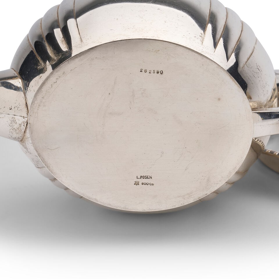 A German 800 standard silver five-piece tea and coffee service Marks of Lazarus Posen, Frankfurt... - 3