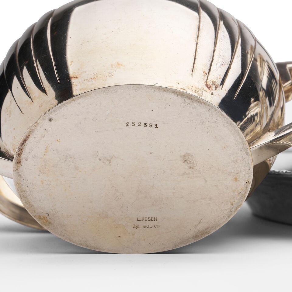 A German 800 standard silver five-piece tea and coffee service Marks of Lazarus Posen, Frankfurt... - 5