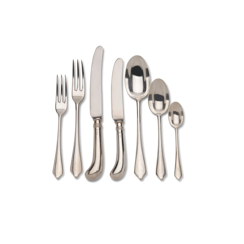An English sterling silver flatware service Marks of DJ Silver Repairs, London, 1962-1975 to the...: An English sterling silver flatware service Marks of DJ Silver Repairs, London, 1962-1975 to the knives, Marks of James W. Potter & Sons, London, 1973 to the forks and spoons Comprising: 12 large dinn