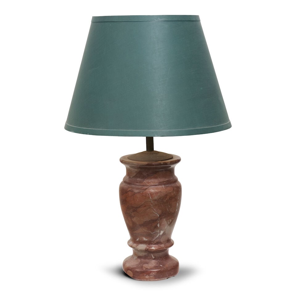 A Neoclassical style urn form lamp: A Neoclassical style urn form lamp in polished marble with green shade, height: 65.0cm including shade For further information on this lot please visit Bonhams.com For further information about this