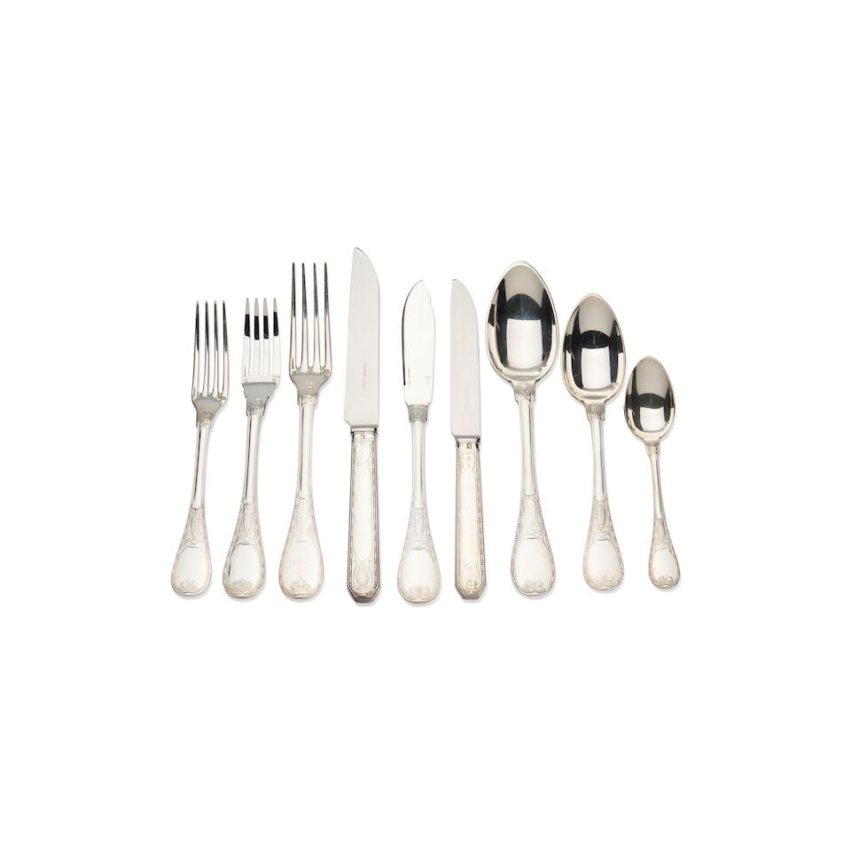 Christofle | an eighty-piece sterling silver flatware service: Christofle | an eighty-piece sterling silver flatware service, French, 20th century, for eight place settings, comprising 8 each of fish forks, fish knives, dinner forks, dinner knives, teaspoons,