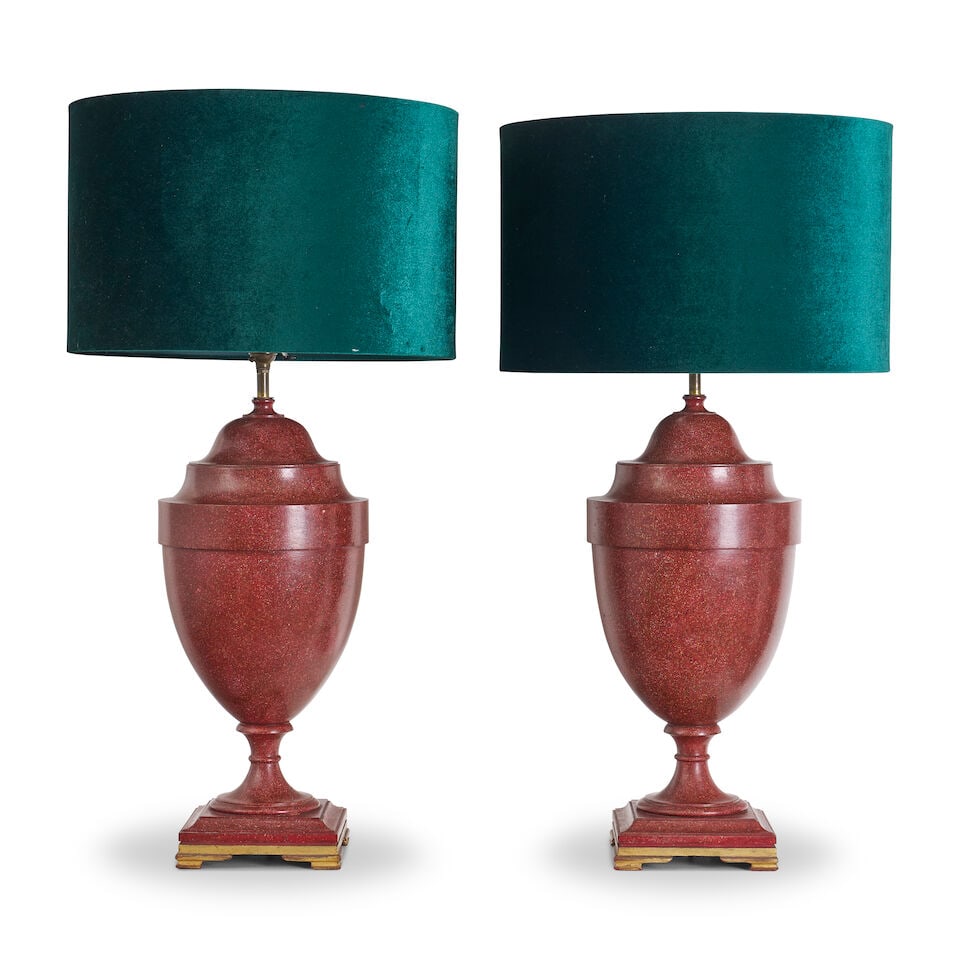 A pair of Neoclassical style urn shaped lamps,: A pair of Neoclassical style urn shaped lamps, with red faux porphyry finish and deep green velvet shades, height: 75.5cm including shade For further information on this lot please visit
