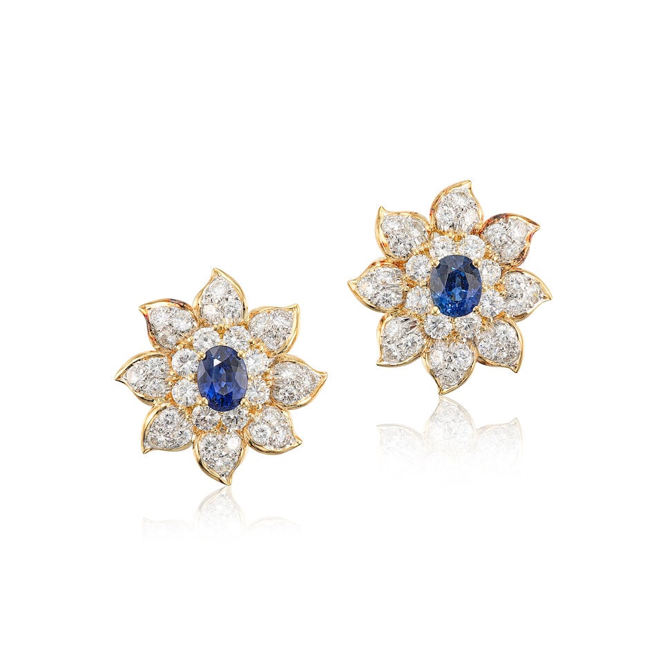PAIR OF SAPPHIRE AND DIAMOND EARRINGS: PAIR OF SAPPHIRE AND DIAMOND EARRINGS 藍寶石配鑽石耳環 Metal: 18 karat yellow gold Dimensions: 2.2 x 2.1cm Gross weight: 12.1g Footnotes: CONDITION