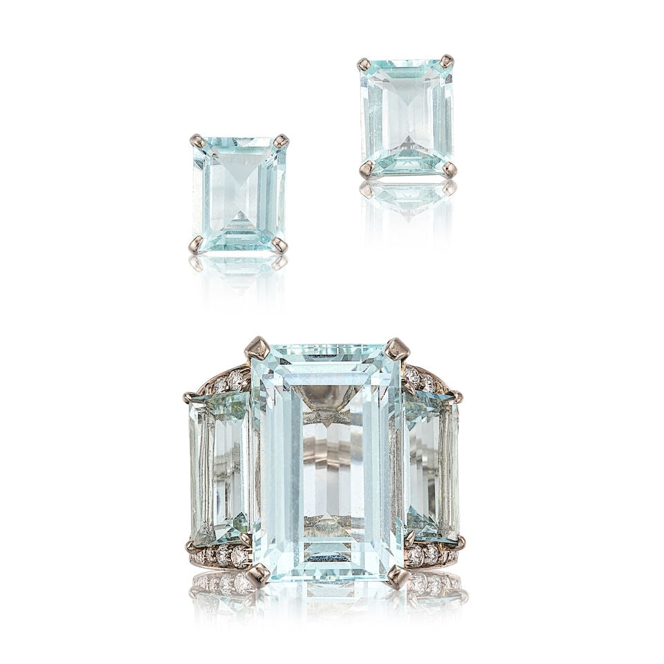 AQUAMARINE AND DIAMOND RING AND EARRING SET (2) - 3
