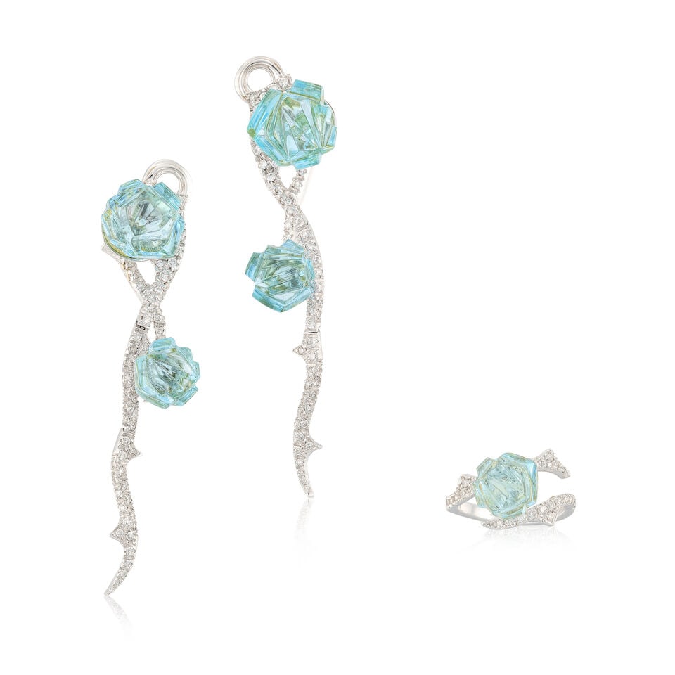 STAURINO: TOPAZ AND DIAMOND RING AND EARRING SET (2): STAURINO: TOPAZ AND DIAMOND RING AND EARRING SET Staurino：托帕石配鑽石戒指及耳環套裝 Signature: Staurino Metal: 18 