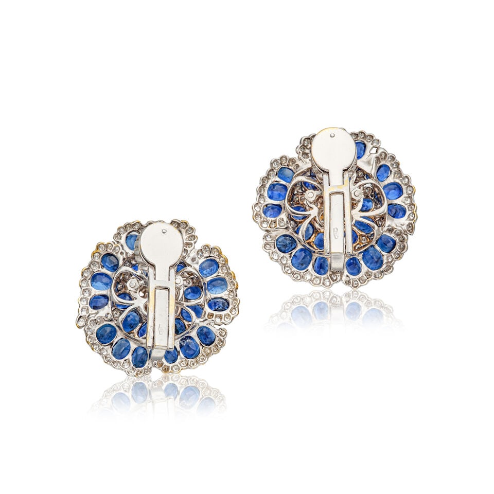 PAIR OF SAPPHIRE AND DIAMOND 'FLOWER' EARCLIPS - 3
