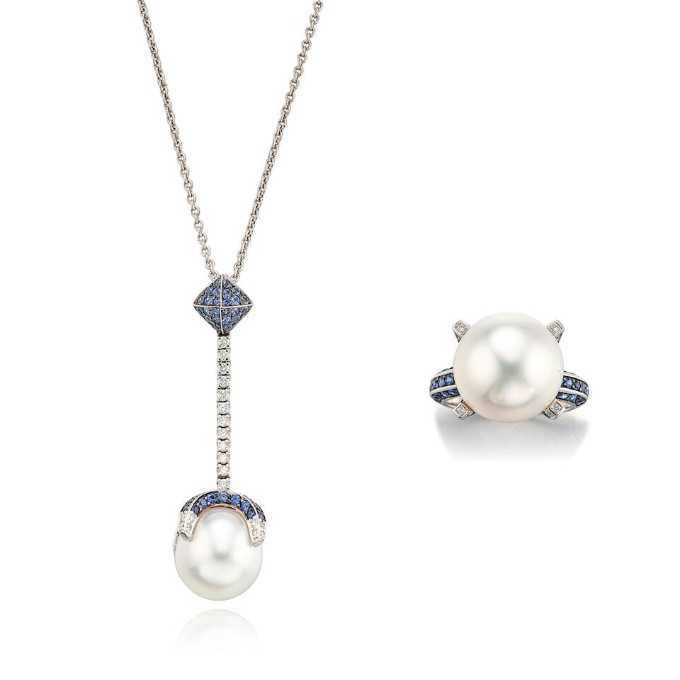 CULTURED PEARL, GEM-SET AND DIAMOND PENDANT NECKLACE AND RING SET (2): CULTURED PEARL, GEM-SET AND DIAMOND PENDANT NECKLACE AND RING