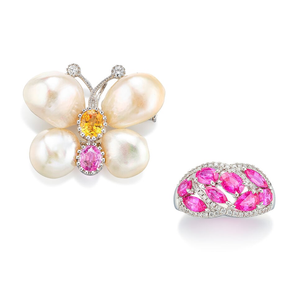 RUBY AND DIAMOND RING; AND CULTURED PEARL, GEM-SET AND DIAMOND 'BUTTERFLY' BROOCH (2) (1 of 4)