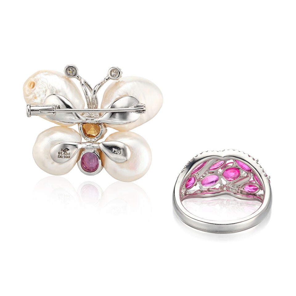 RUBY AND DIAMOND RING; AND CULTURED PEARL, GEM-SET AND DIAMOND 'BUTTERFLY' BROOCH (2) - 3
