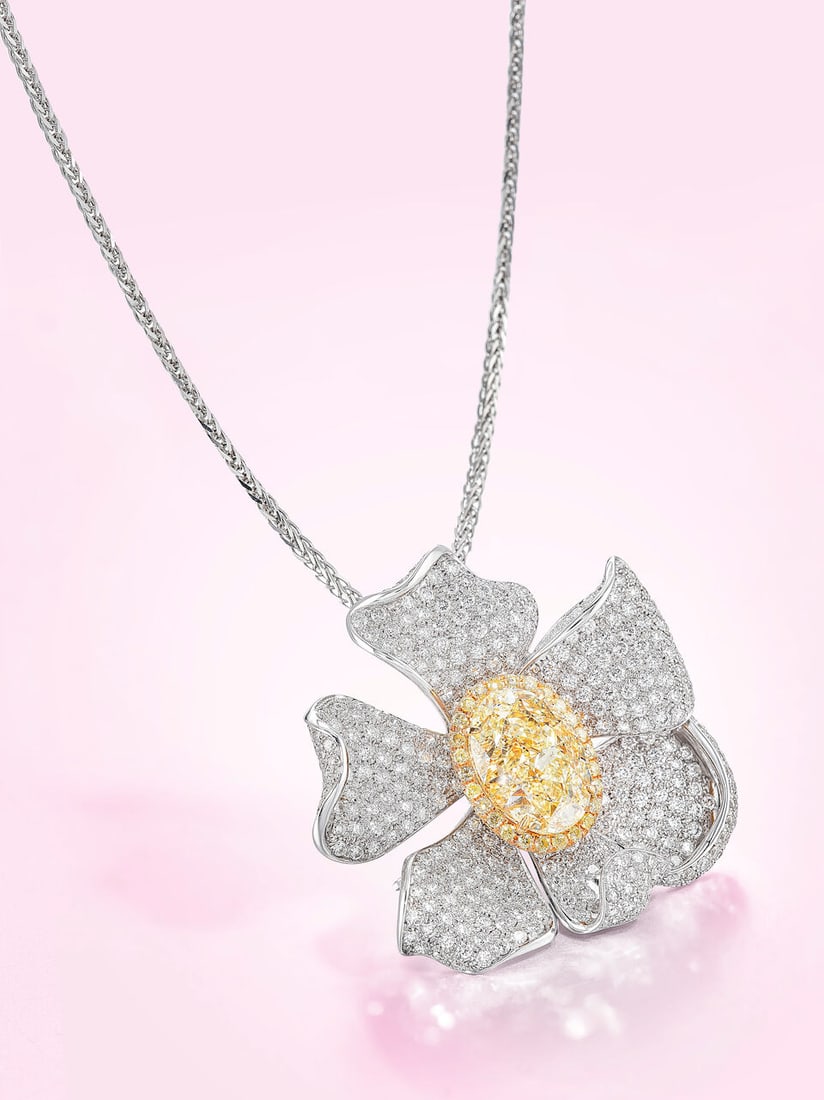 FANCY LIGHT YELLOW DIAMOND, COLOURED DIAMOND AND DIAMOND 'FLOWER' PENDANT NECKLACE/BROOCH: FANCY LIGHT YELLOW DIAMOND, COLOURED DIAMOND AND DIAMOND 'FLOWER' PENDANT
