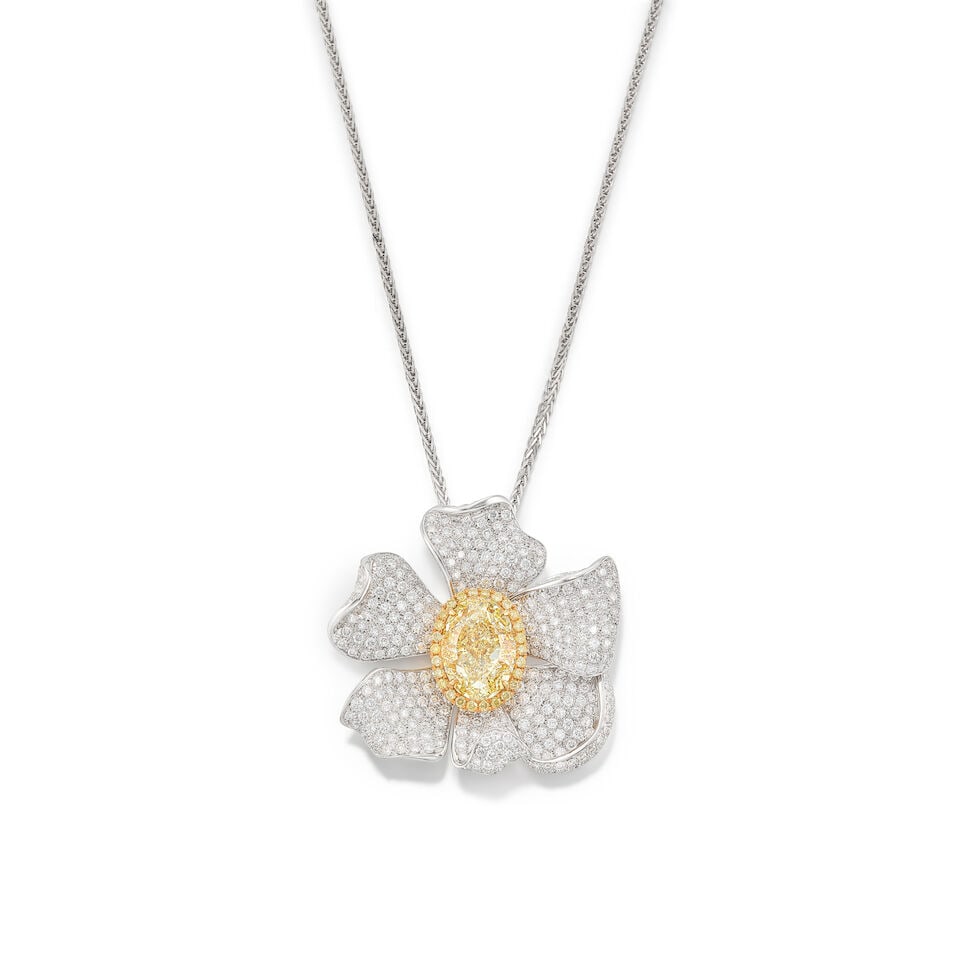 FANCY LIGHT YELLOW DIAMOND, COLOURED DIAMOND AND DIAMOND 'FLOWER' PENDANT NECKLACE/BROOCH - 2