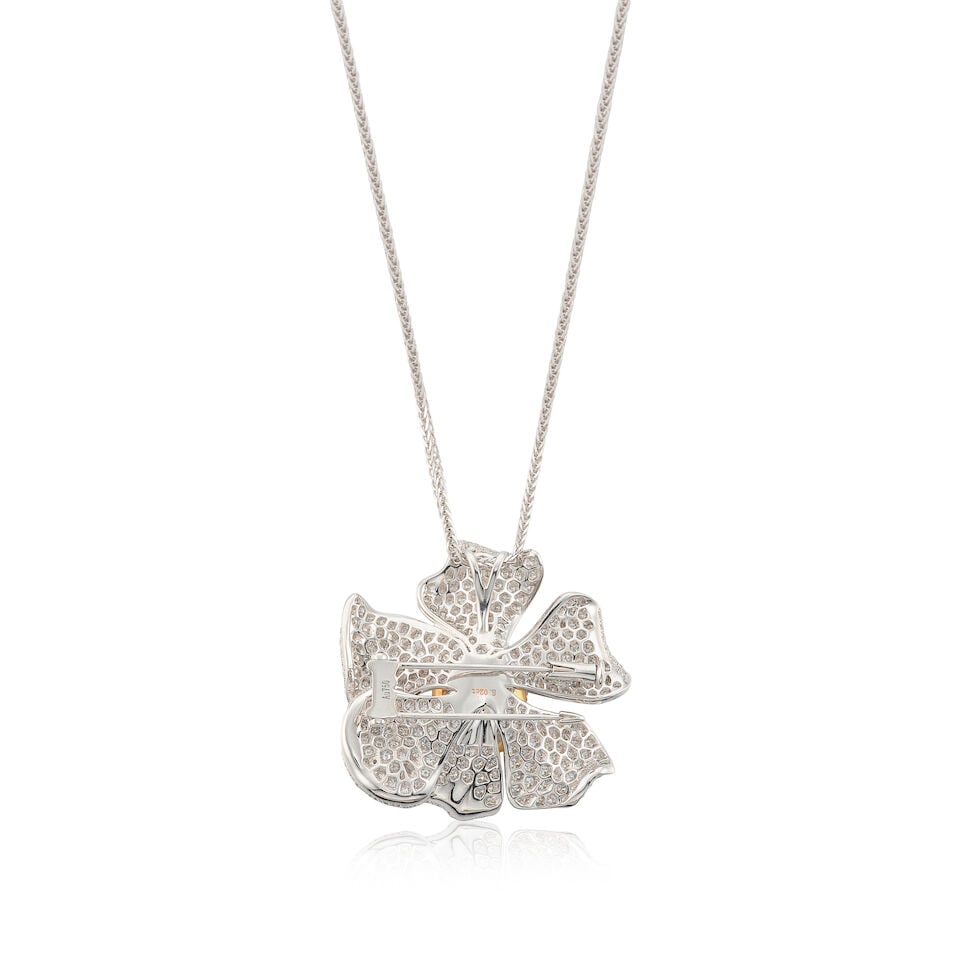 FANCY LIGHT YELLOW DIAMOND, COLOURED DIAMOND AND DIAMOND 'FLOWER' PENDANT NECKLACE/BROOCH - 4