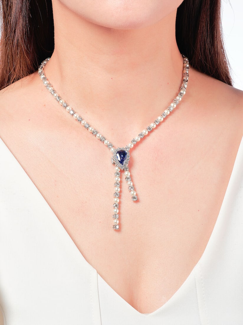TANZANITE, CULTURED PEARL AND DIAMOND NECKLACE - 2