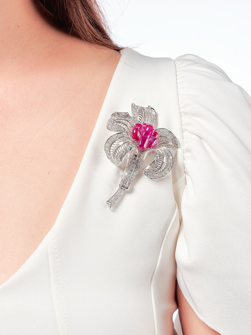 RUBY AND DIAMOND FLORAL BROOCH - 2
