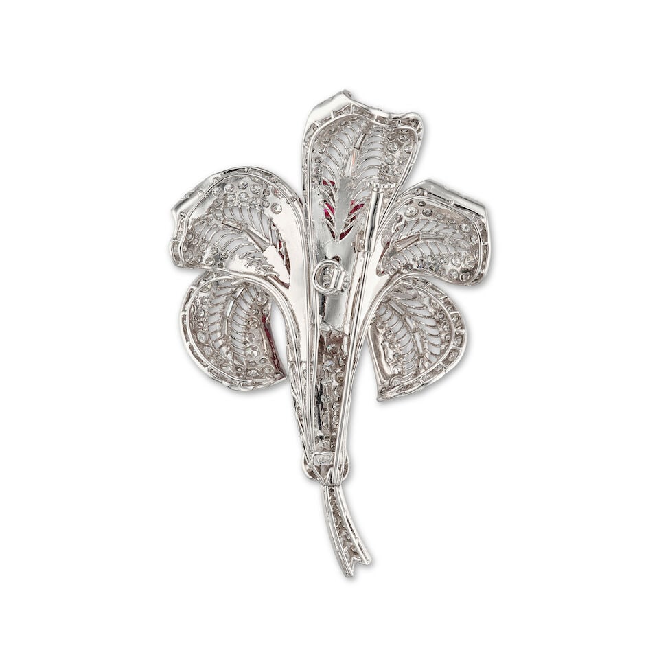 RUBY AND DIAMOND FLORAL BROOCH - 3