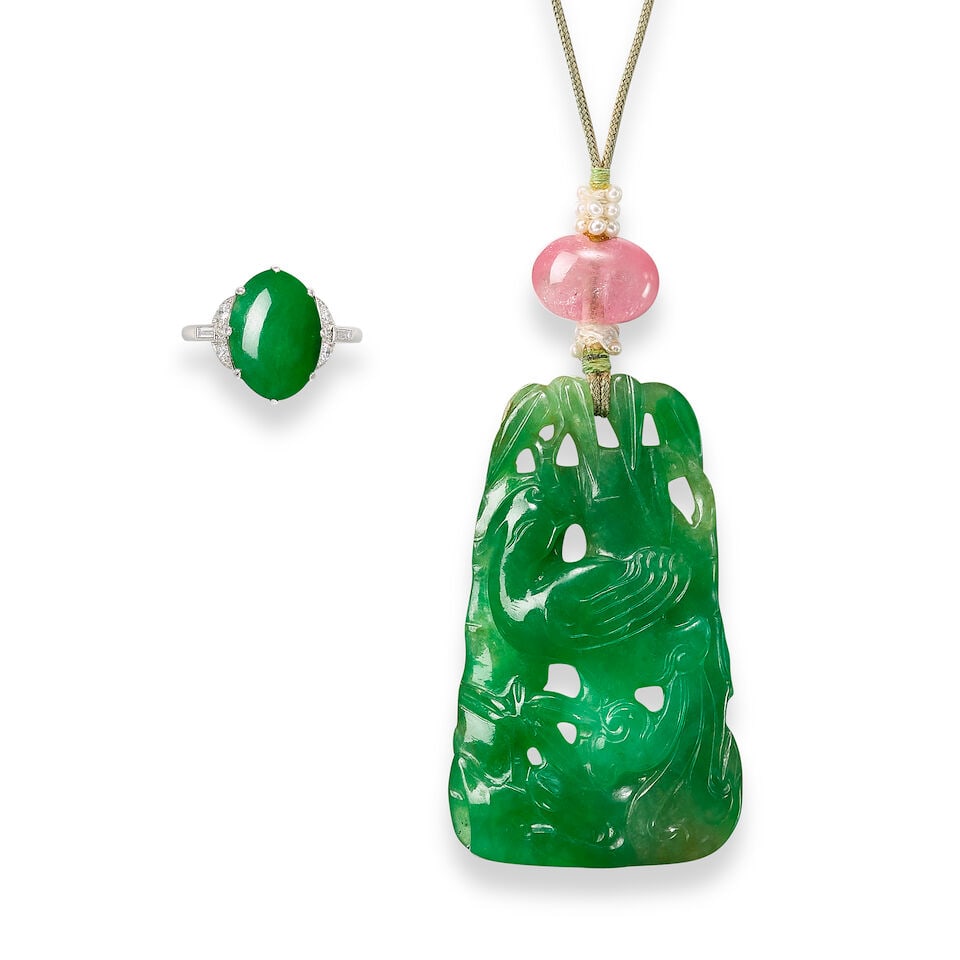 JADEITE, GEM-SET AND SEED PEARL PENDANT, AND JADEITE AND DIAMOND RING (2): JADEITE, GEM-SET AND SEED PEARL PENDANT, AND JADEITE AND DIAMOND
