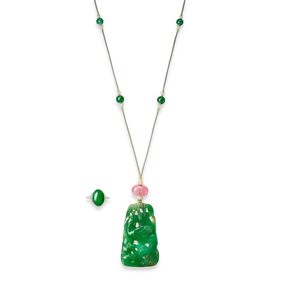 JADEITE, GEM-SET AND SEED PEARL PENDANT, AND JADEITE AND DIAMOND RING (2) - 2