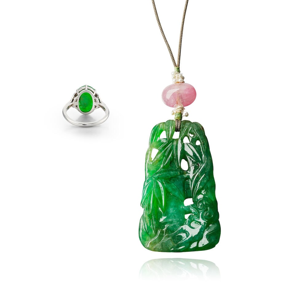 JADEITE, GEM-SET AND SEED PEARL PENDANT, AND JADEITE AND DIAMOND RING (2) - 4