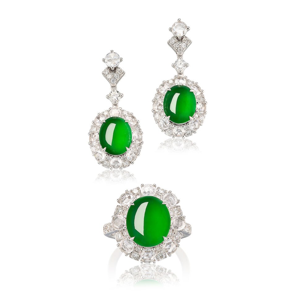 JADEITE AND DIAMOND RING AND PENDENT EARRING SET (2): JADEITE AND DIAMOND RING AND PENDENT EARRING SET 天然翡翠配鑽石戒指及吊墜耳環套裝 Certificates: 2