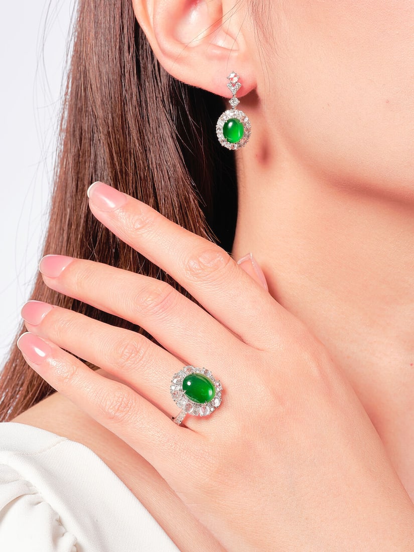 JADEITE AND DIAMOND RING AND PENDENT EARRING SET (2) - 2