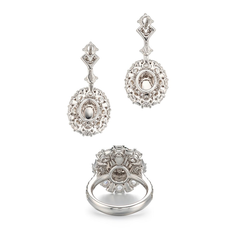 JADEITE AND DIAMOND RING AND PENDENT EARRING SET (2) - 3