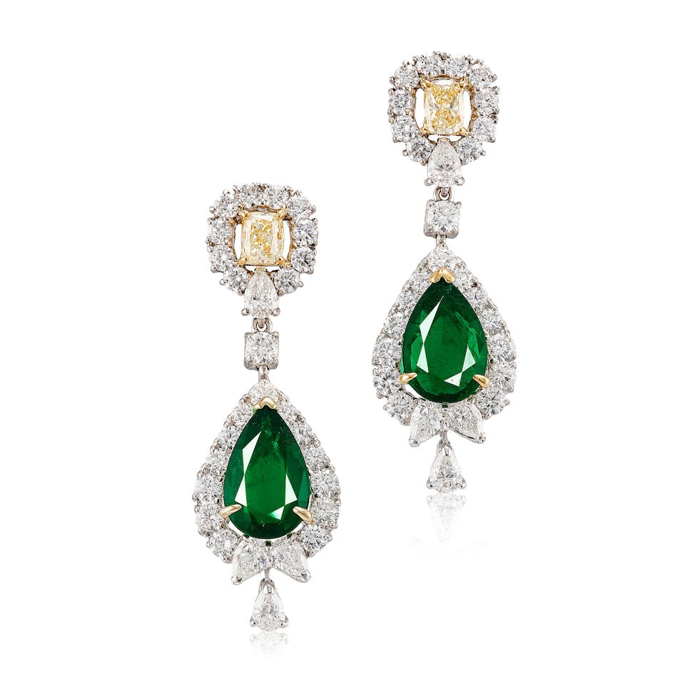 PAIR OF EMERALD, COLOURED DIAMOND AND DIAMOND PENDENT EARRINGS (1 of 5)