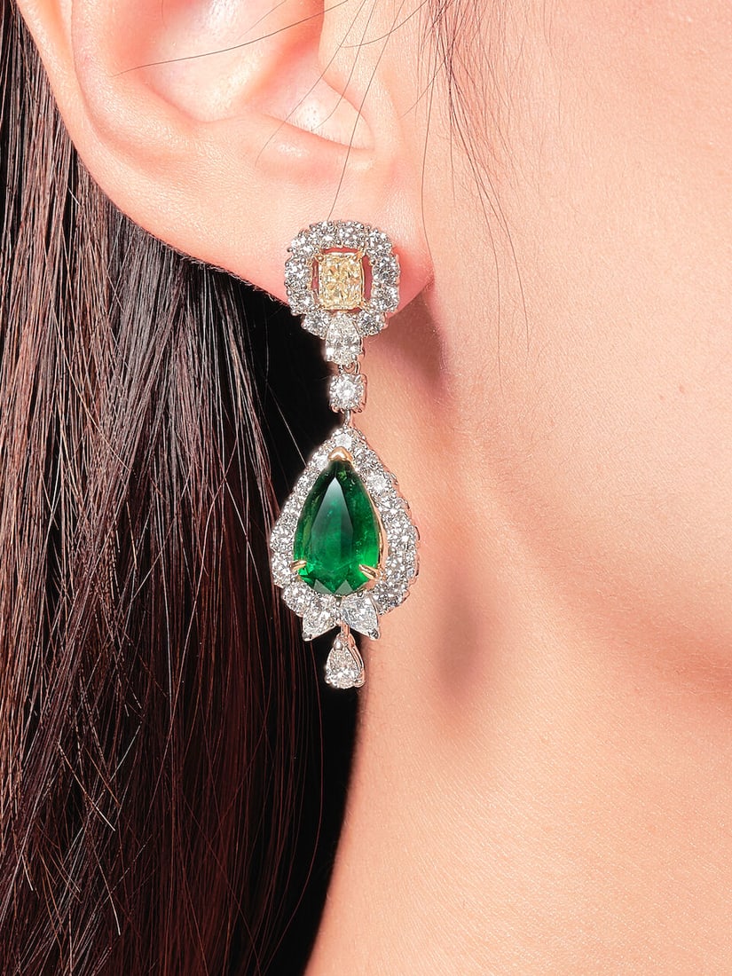 PAIR OF EMERALD, COLOURED DIAMOND AND DIAMOND PENDENT EARRINGS - 2