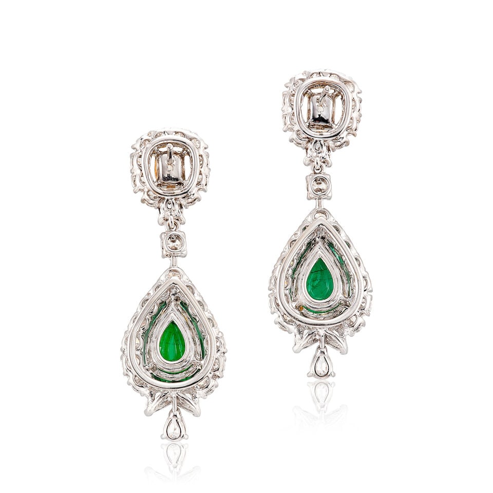 PAIR OF EMERALD, COLOURED DIAMOND AND DIAMOND PENDENT EARRINGS - 3