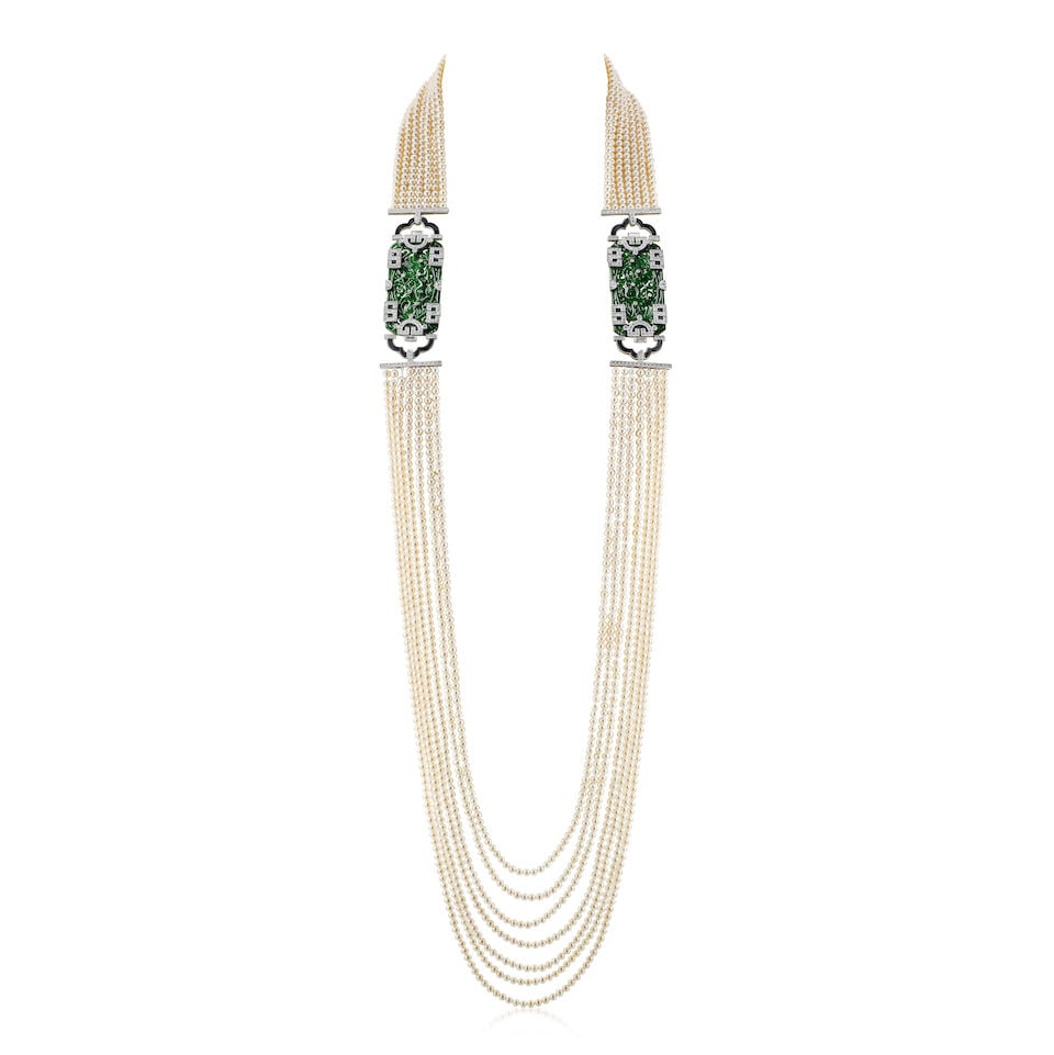 JADEITE, CULTURED PEARL AND DIAMOND LONGCHAIN NECKLACE - 2