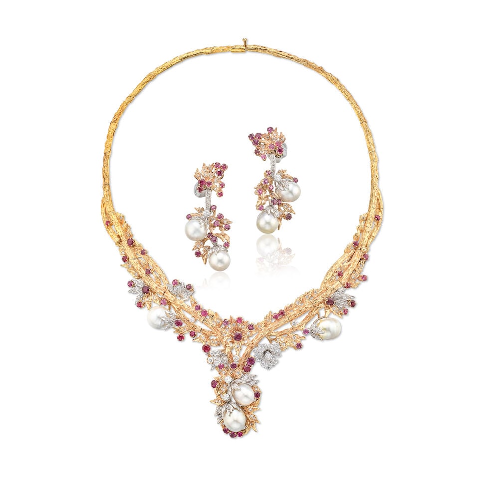 CULTURED PEARL, GEM-SET AND DIAMOND NECKLACE AND EARCLIP SET (2): CULTURED PEARL, GEM-SET AND DIAMOND NECKLACE AND EARCLIP