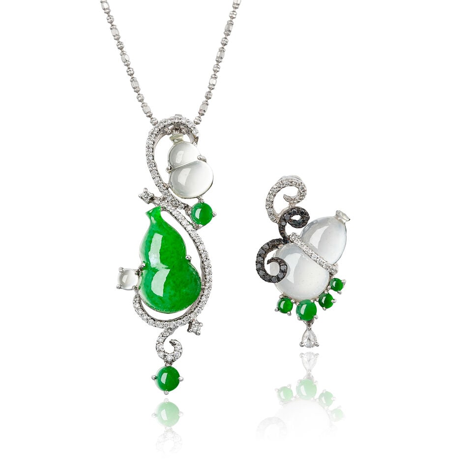 TWO ICY JADEITE, JADEITE, DIAMOND AND BLACK DIAMOND 'GOURD' PENDANTS (2): TWO ICY JADEITE, JADEITE, DIAMOND AND BLACK DIAMOND 'GOURD'