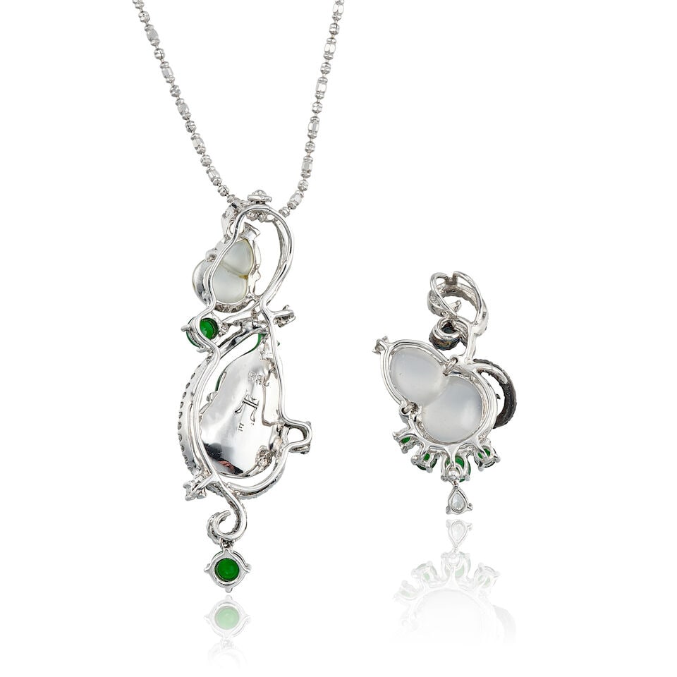 TWO ICY JADEITE, JADEITE, DIAMOND AND BLACK DIAMOND 'GOURD' PENDANTS (2) - 2