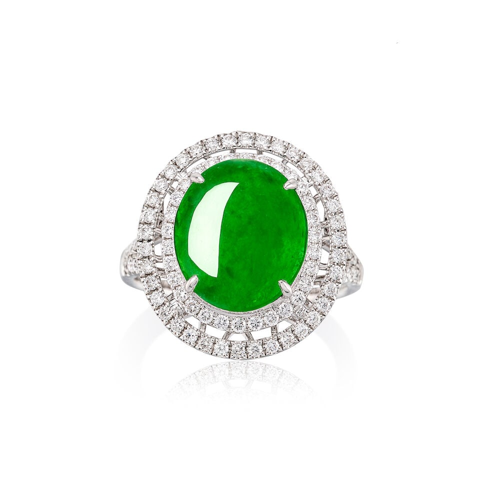 JADEITE AND DIAMOND RING: JADEITE AND DIAMOND RING 天然翡翠配鑽石戒指 Certificate: HKJSL, jadeite, natural, type A (SJ 254238, 21 April 2026) Jadeite: approx. 12.29 x