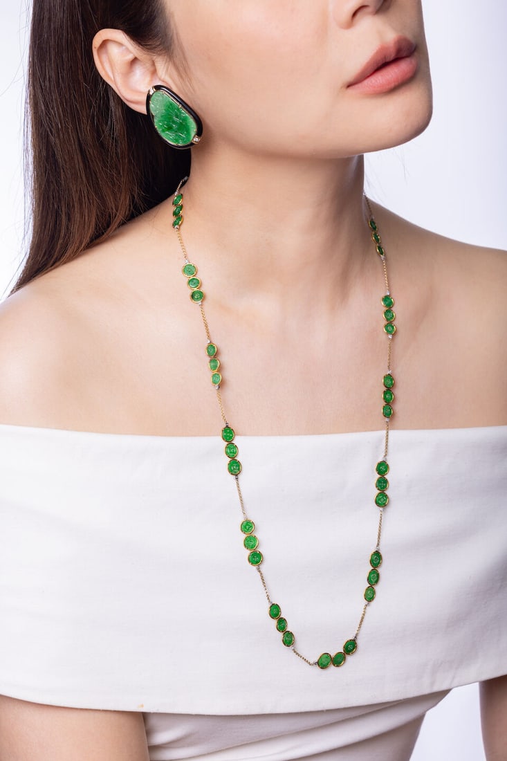 PAIR OF JADEITE, ONYX AND DIAMOND EARCLIPS, AND JADEITE 'COIN' AND DIAMOND LONGCHAIN (2) - 2