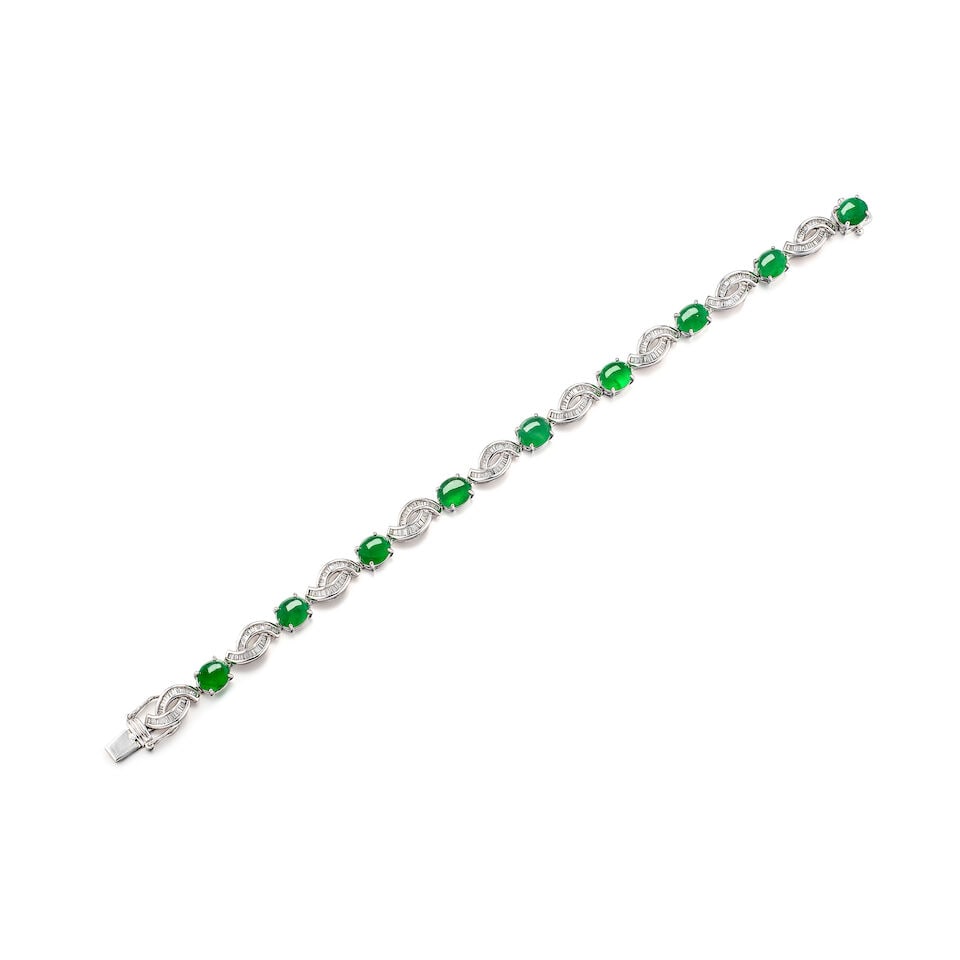 JADEITE AND DIAMOND BRACELET: JADEITE AND DIAMOND BRACELET 天然翡翠配鑽石手鍊 Certificate: HKJSL, selected jadeite, natural, type A (SJ 256521, 4 June 2026) Selected jadeite: