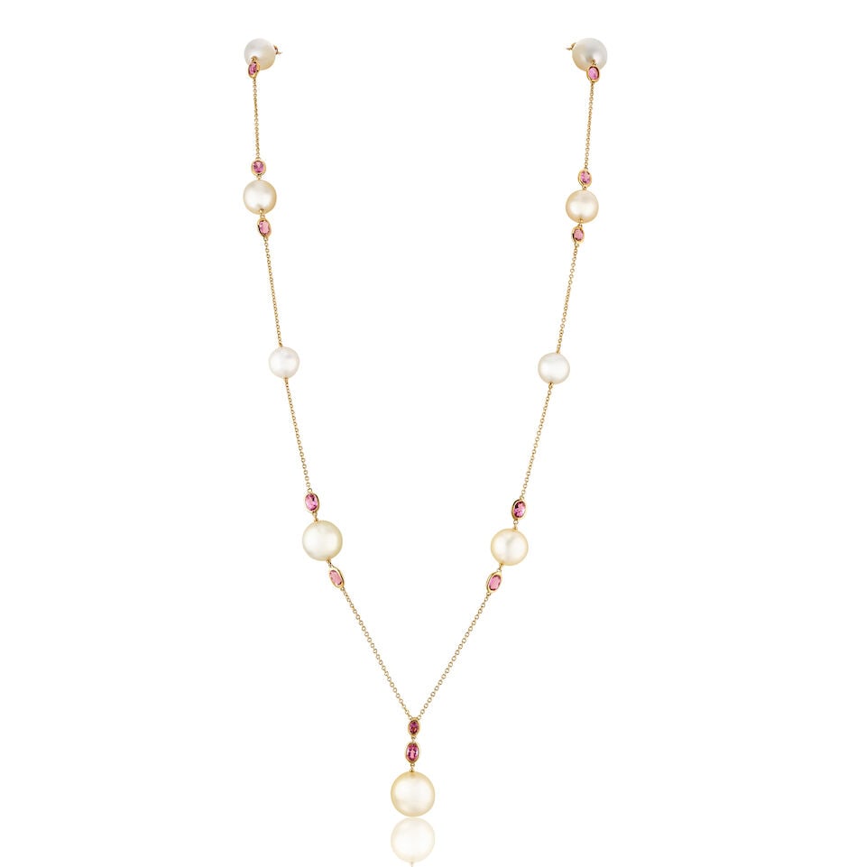 CULTURED PEARL AND GEM-SET NECKLACE: CULTURED PEARL AND GEM-SET NECKLACE 養殖珍珠配碧璽項鍊 Cultured pearls: 9pcs, approx. 15.55 - 10.10mm Rubellite tourmalines: stamped