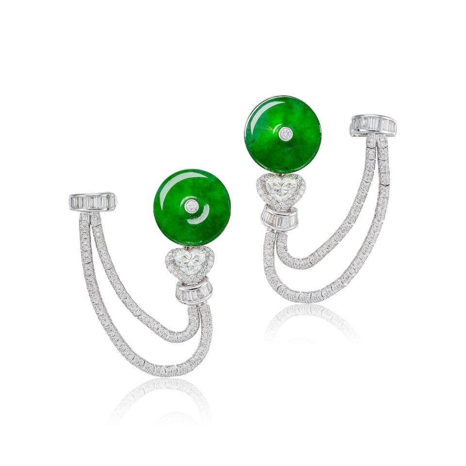 PAIR OF JADEITE AND DIAMOND EARRINGS: PAIR OF JADEITE AND DIAMOND EARRINGS 天然翡翠配鑽石耳環 Certificate: HKJSL, selected jadeite, natural, type A (SJ 257017, 22 June 2026) Selected