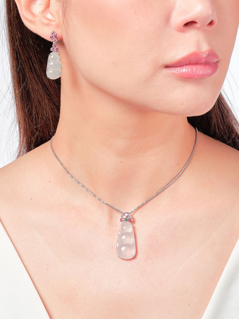 ICY JADEITE AND GEM-SET 'PEAPOD' PENDANT AND PENDENT EARRING SET (2) - 2