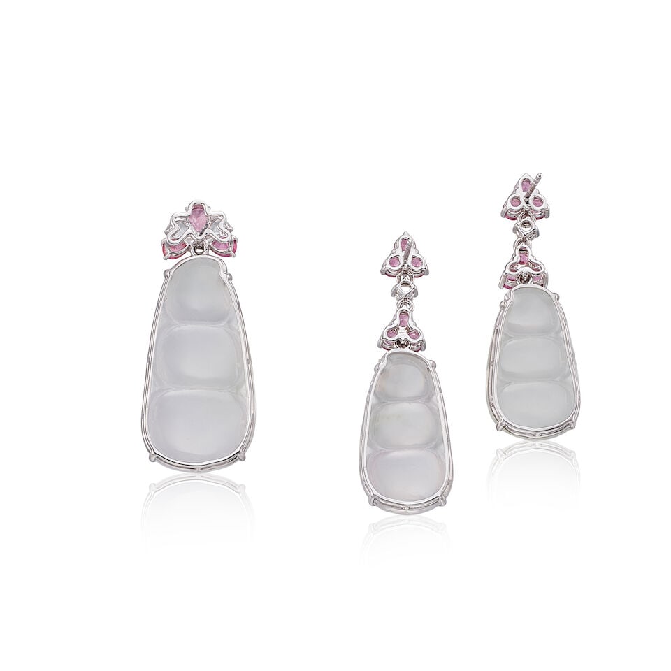 ICY JADEITE AND GEM-SET 'PEAPOD' PENDANT AND PENDENT EARRING SET (2) - 3