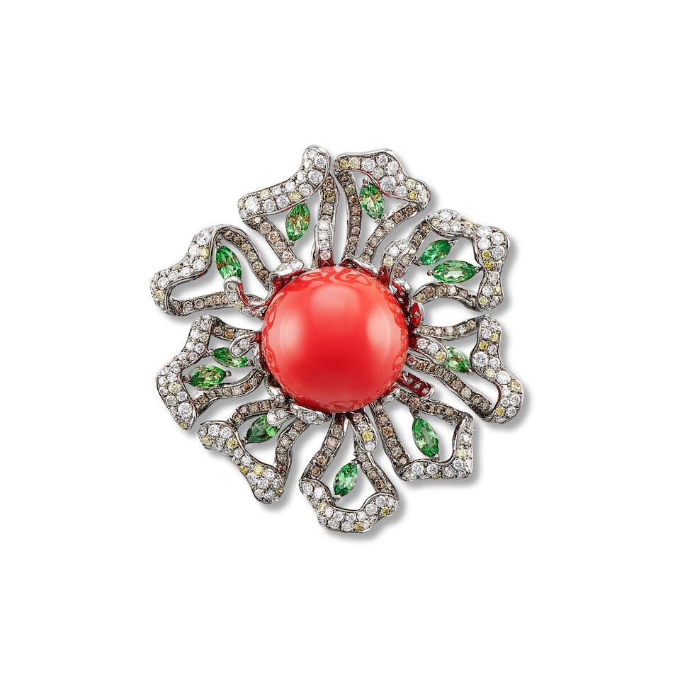 CORAL, GEM-SET, COLOURED DIAMOND AND DIAMOND 'FLOWER' PENDANT: CORAL, GEM-SET, COLOURED DIAMOND AND DIAMOND 'FLOWER'