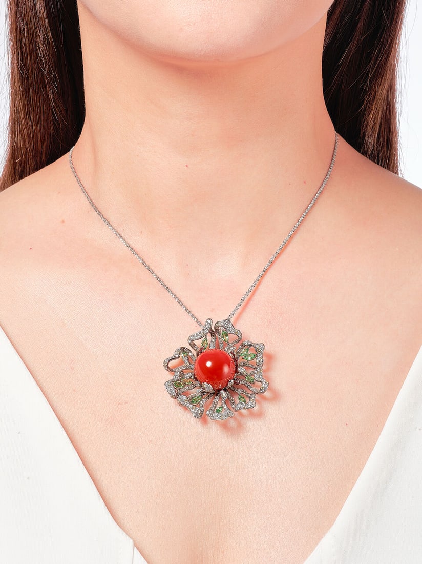 CORAL, GEM-SET, COLOURED DIAMOND AND DIAMOND 'FLOWER' PENDANT - 2