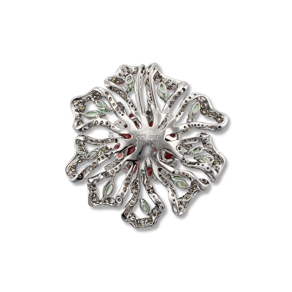 CORAL, GEM-SET, COLOURED DIAMOND AND DIAMOND 'FLOWER' PENDANT - 3